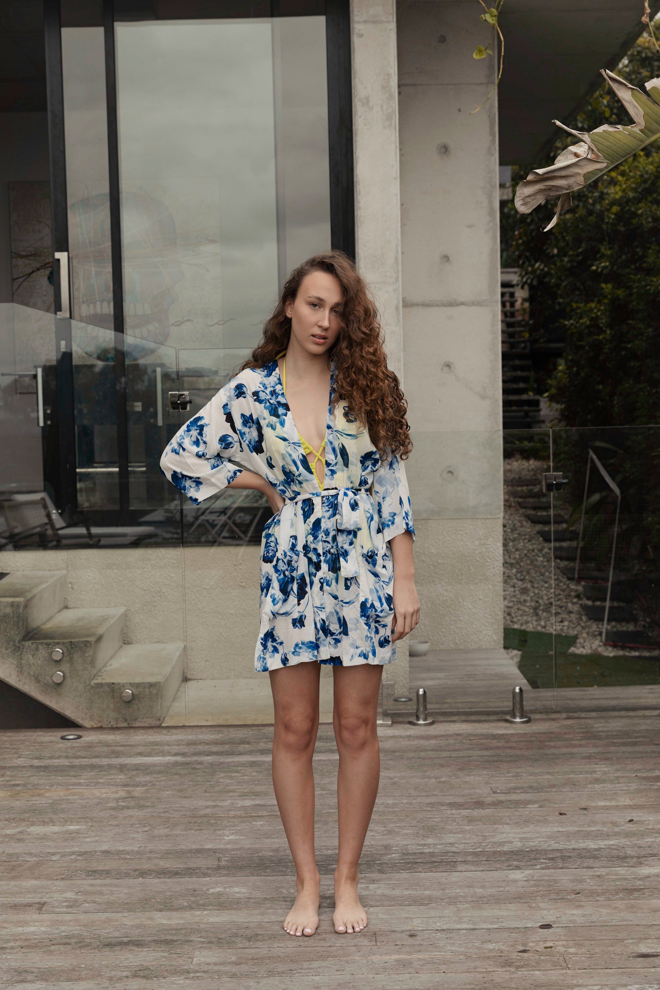 Hot Beaches - Mykonos in Blue Floral-Robe