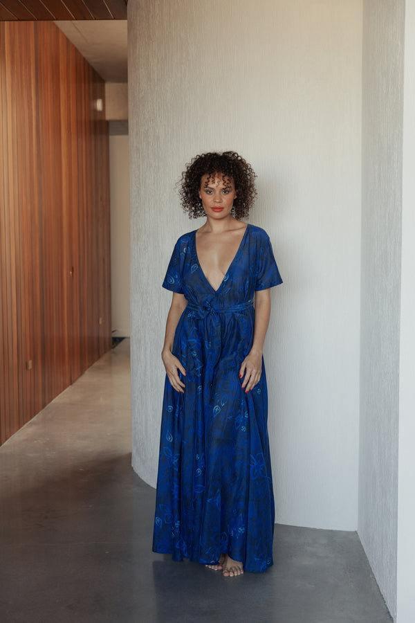 The Nikki II in Royal Blue - Scattered Floral-Robes-Robe